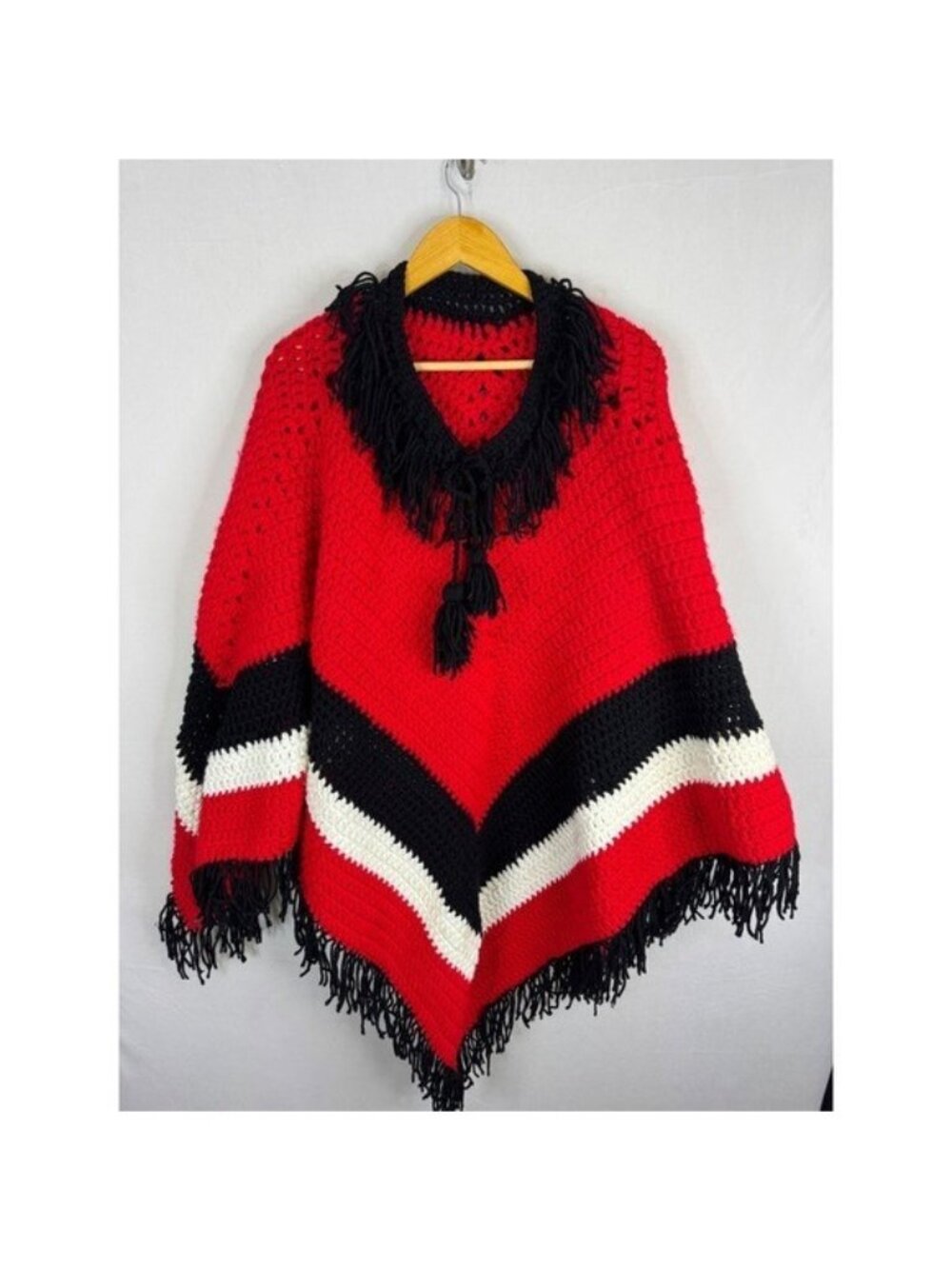 Vintage Handmade Crochet Poncho Red Black White Striped Fringed Tassel Boho